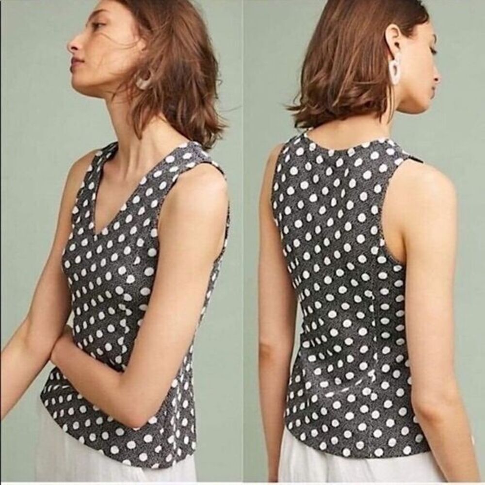 Anthropologie Black and White Polka Dot Sleeveless V-Neck Blouse